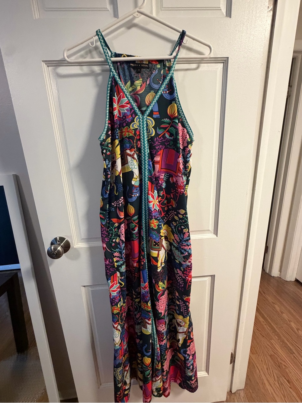Colorful Boho Maxi Dress - Teal Trim